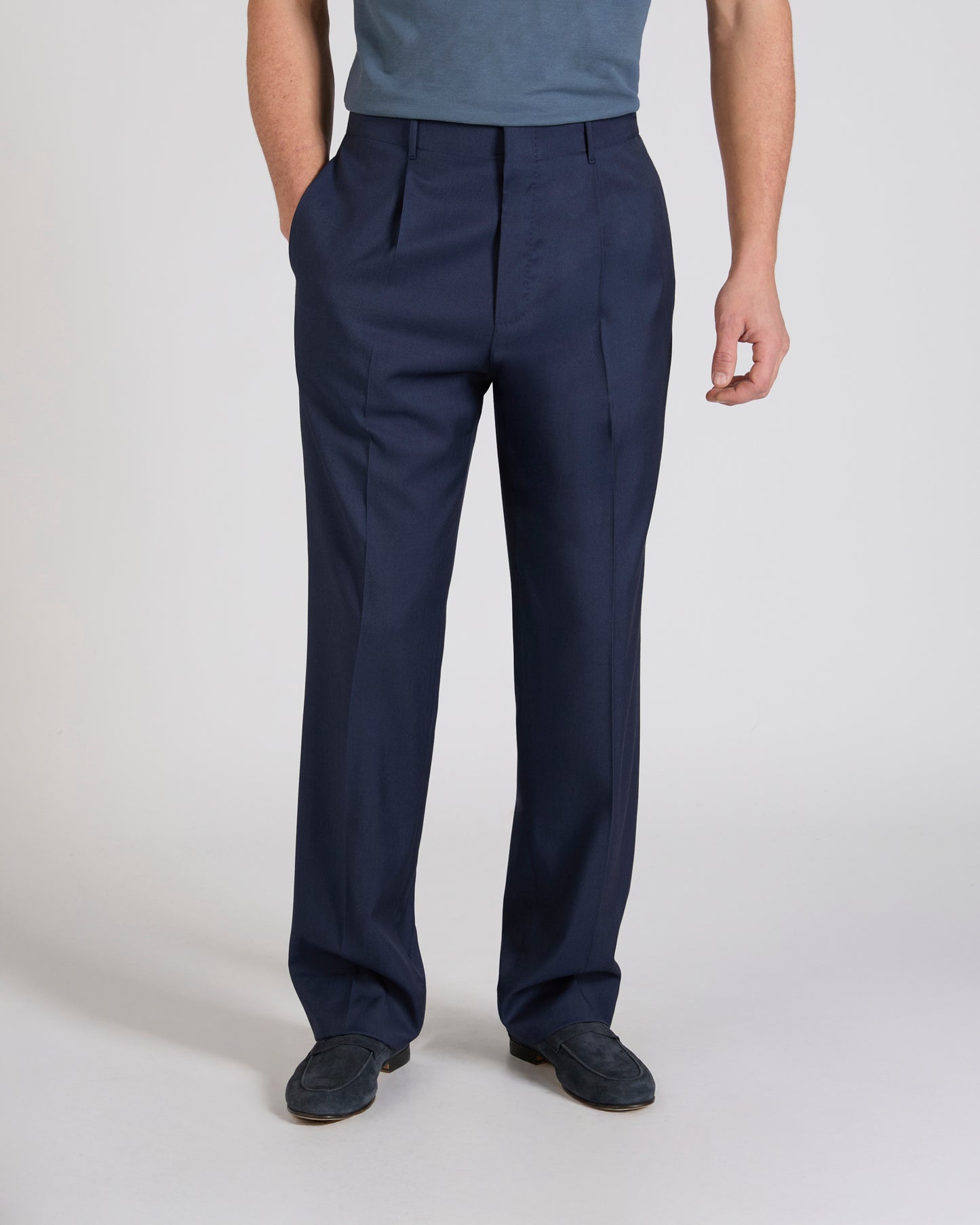 Straight fit wool and silk twill trousers