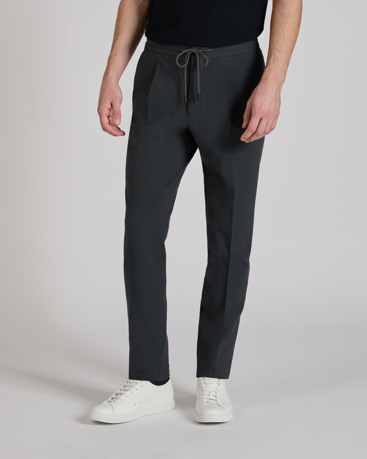 Tapered fit stretch cotton and silk seersucker trousers
