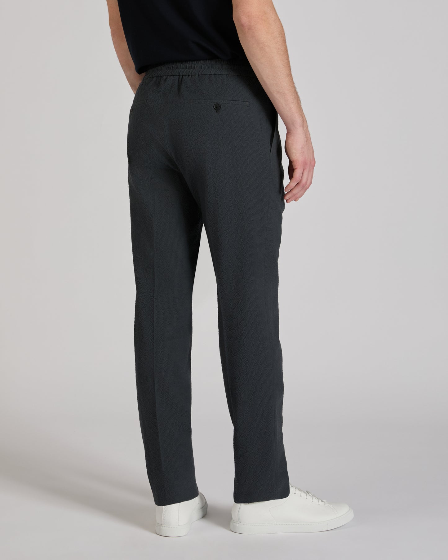 Tapered fit stretch cotton and silk seersucker trousers