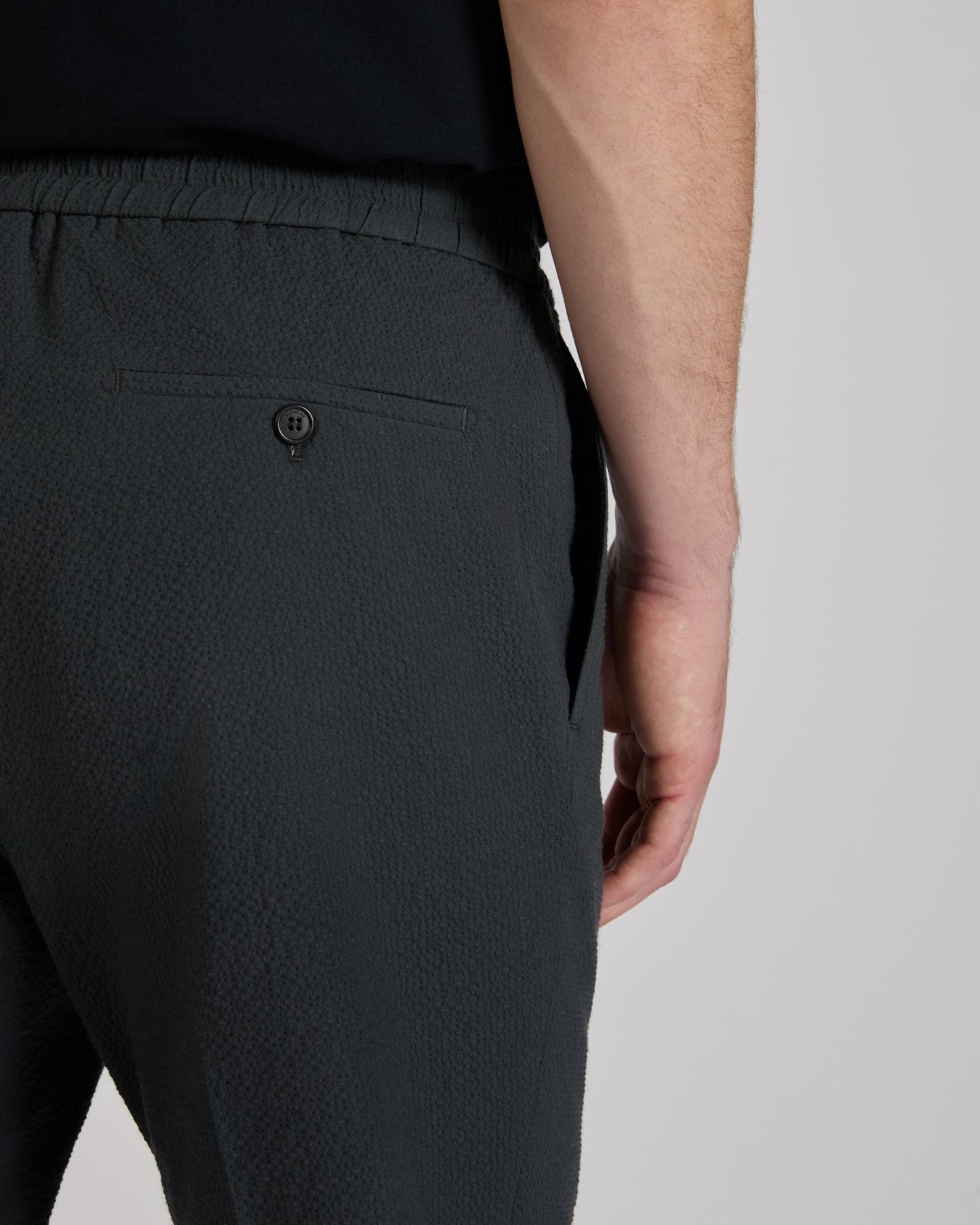 Tapered fit stretch cotton and silk seersucker trousers