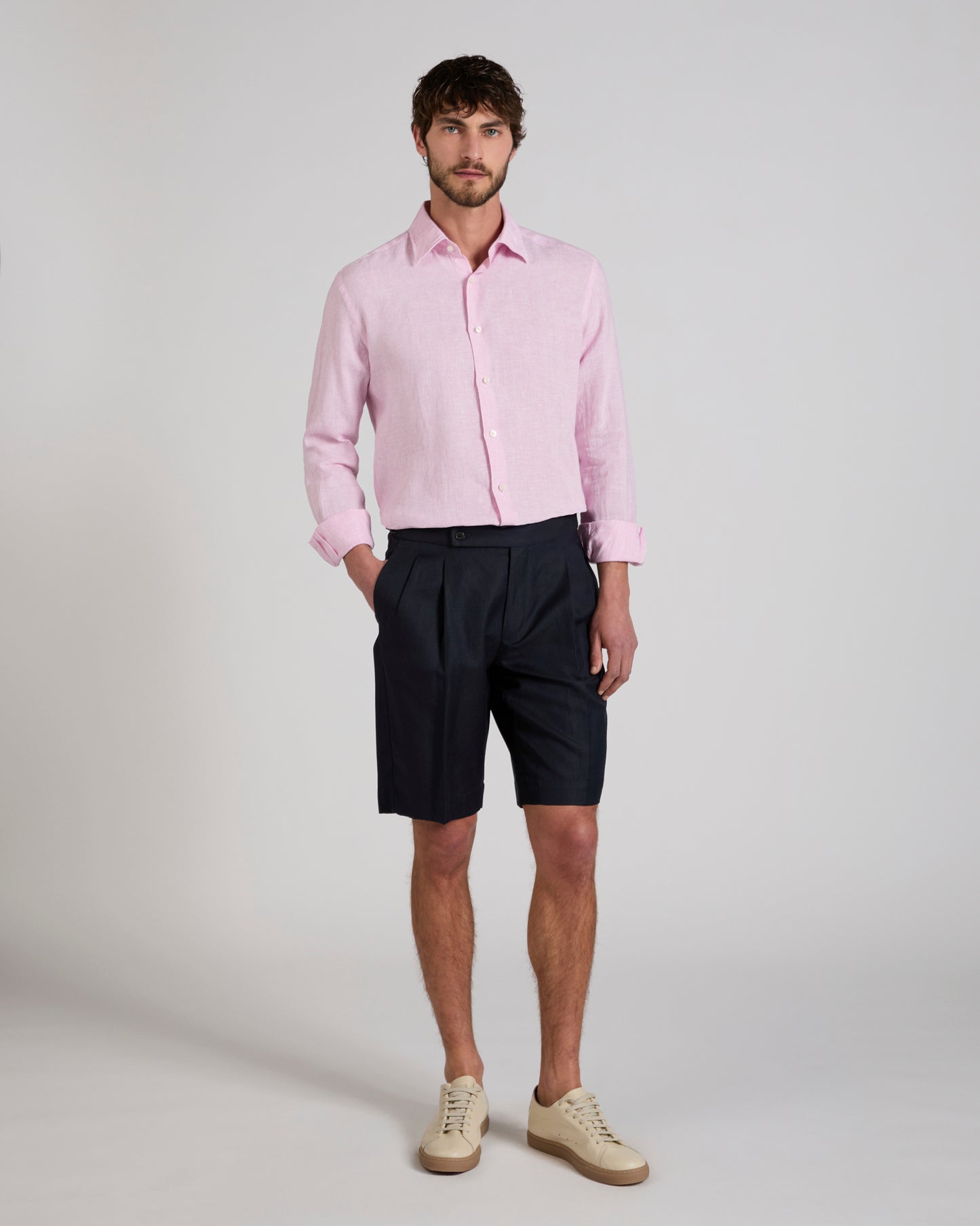Regular fit wool and linen Bermuda shorts