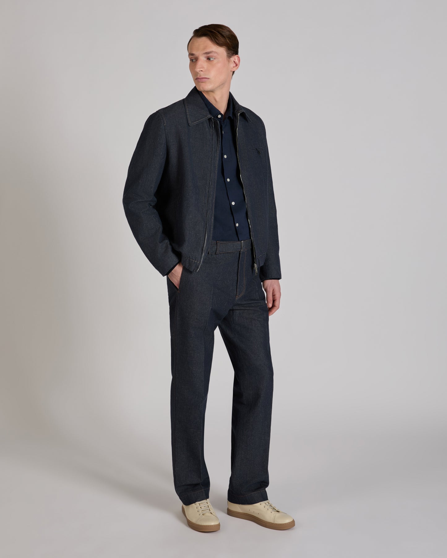 Straight fit stretch cotton and linen trousers
