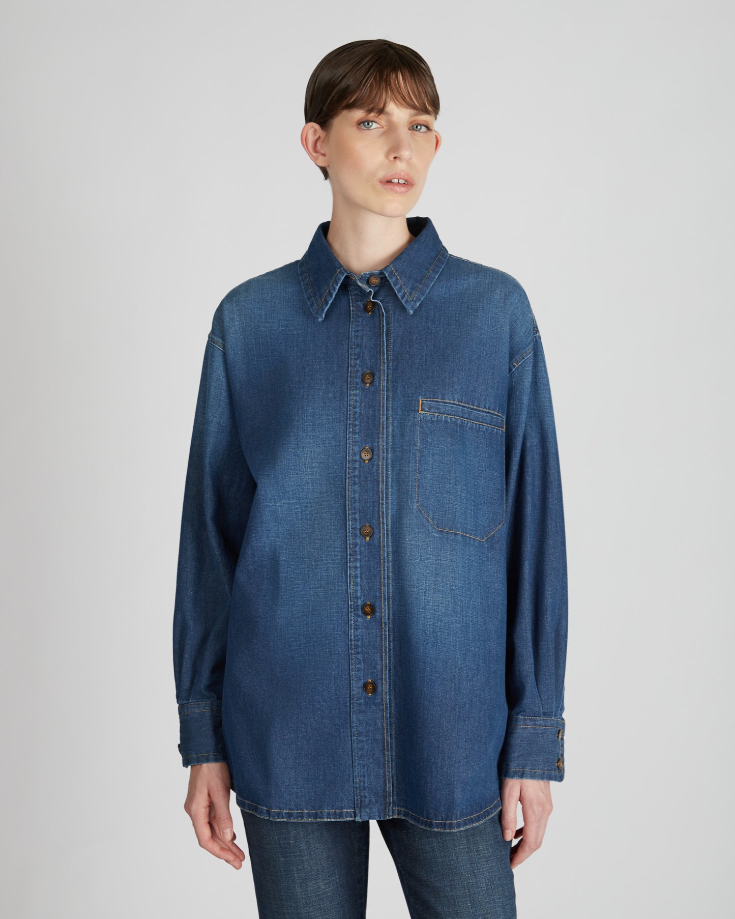 コットンデニム・レギュラーフィットブラウス