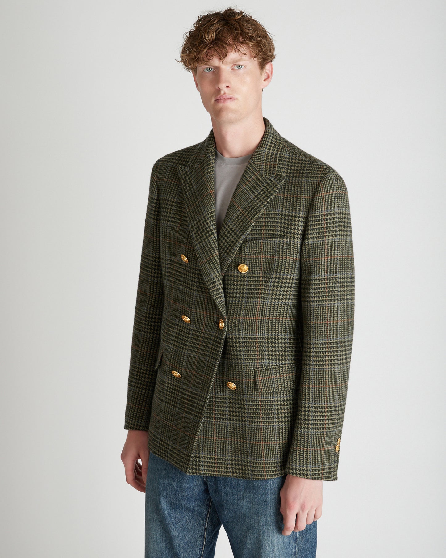 Slim fit double-breasted Prince of Wales wool jacket