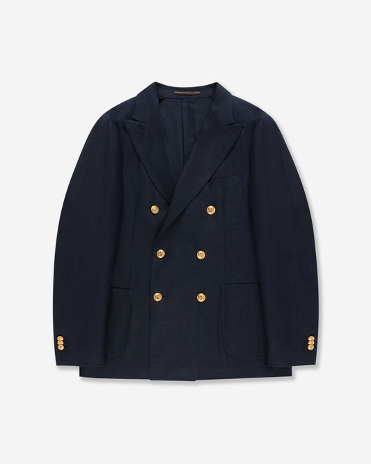 Regular fit stretch cotton and linen panama double-breasted jacket