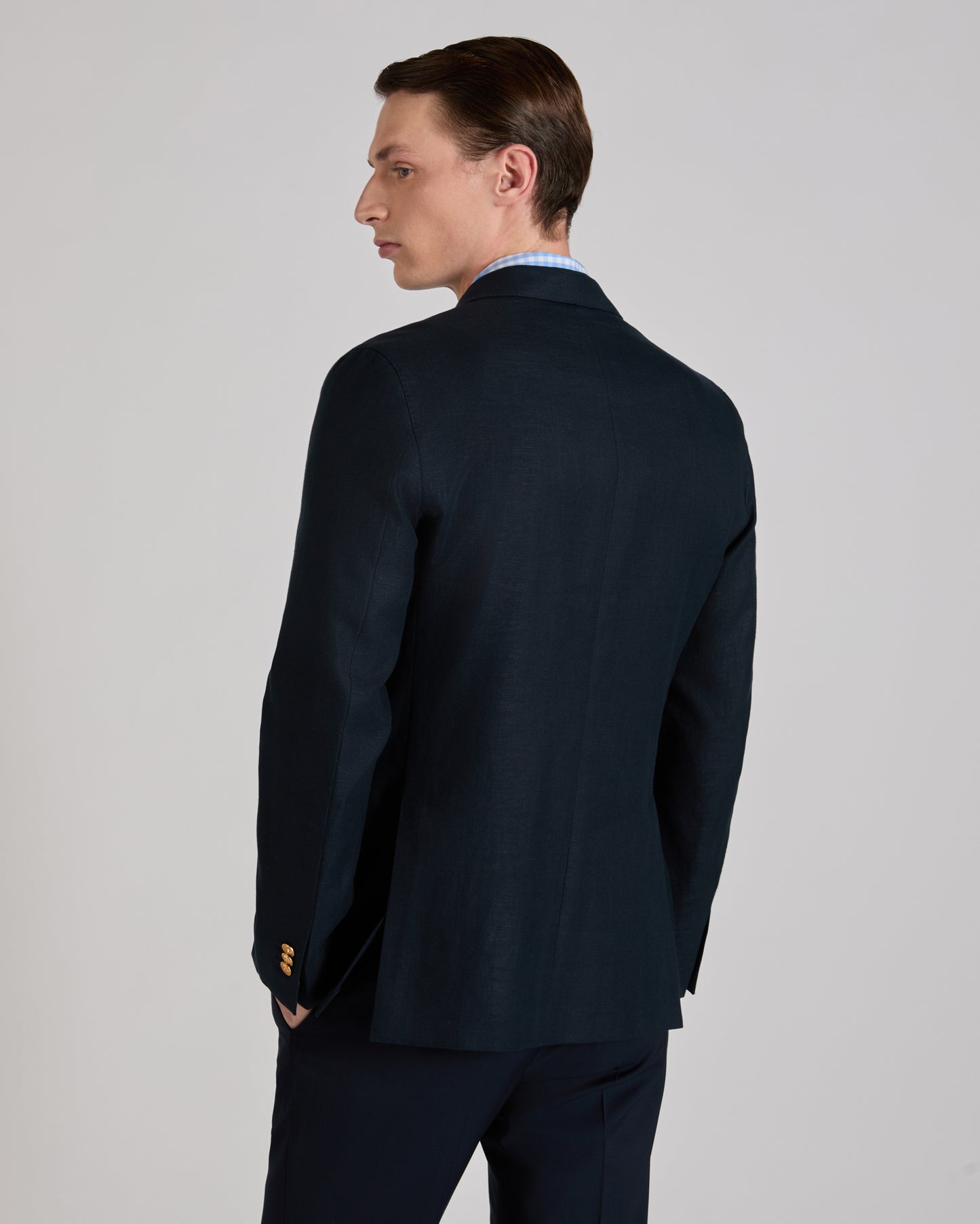 Regular fit stretch cotton and linen panama double-breasted jacket