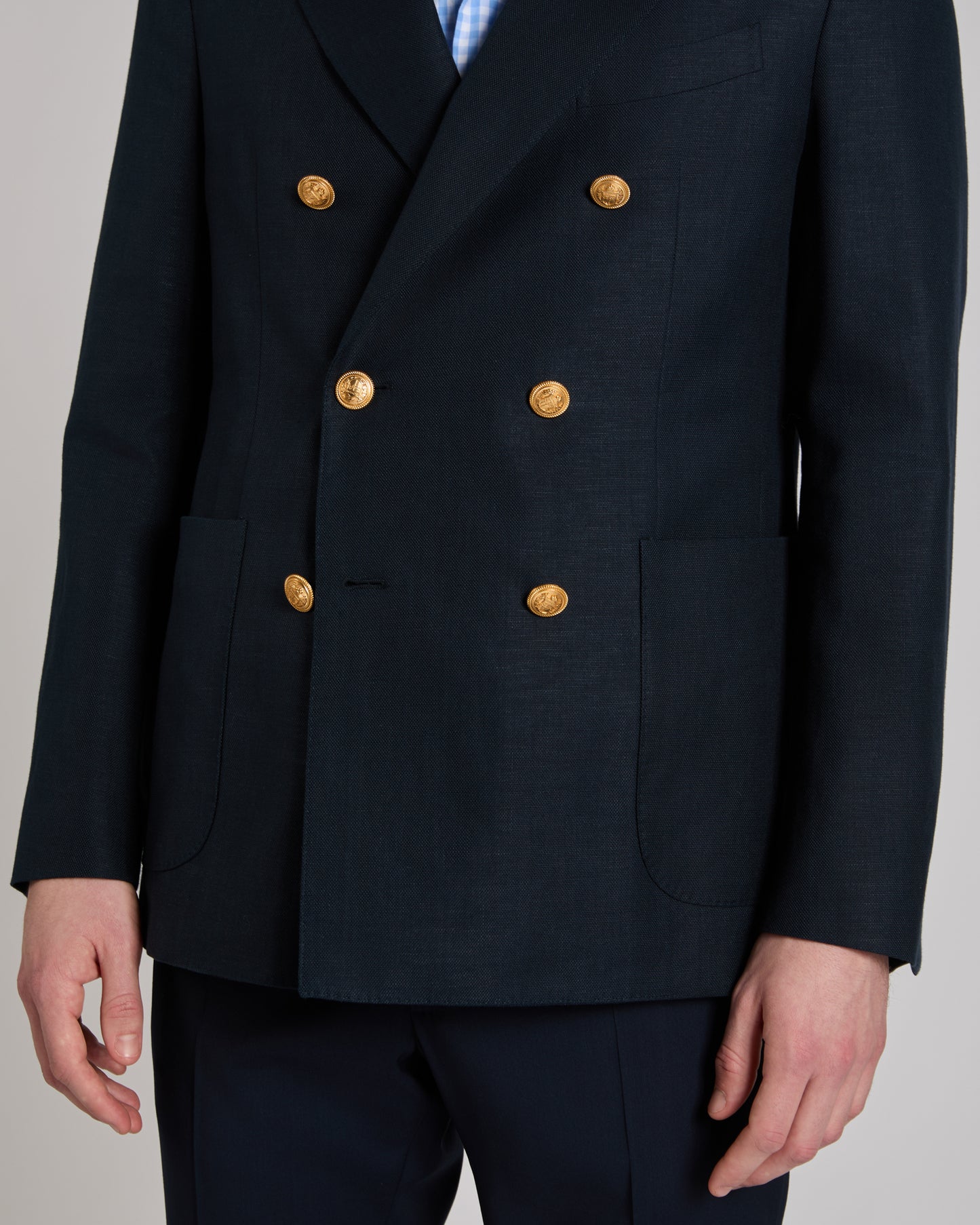 Regular fit stretch cotton and linen panama double-breasted jacket