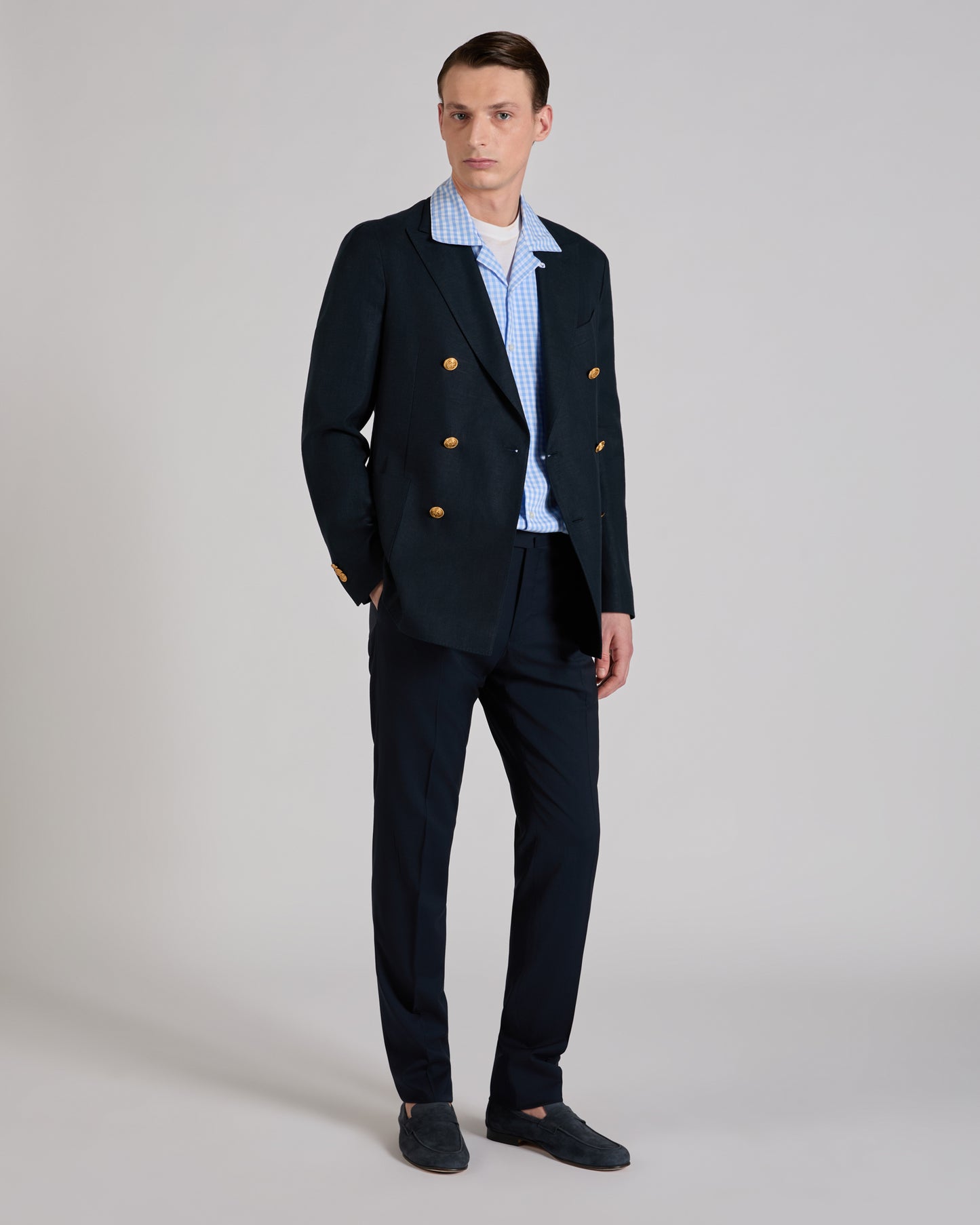 Regular fit stretch cotton and linen panama double-breasted jacket