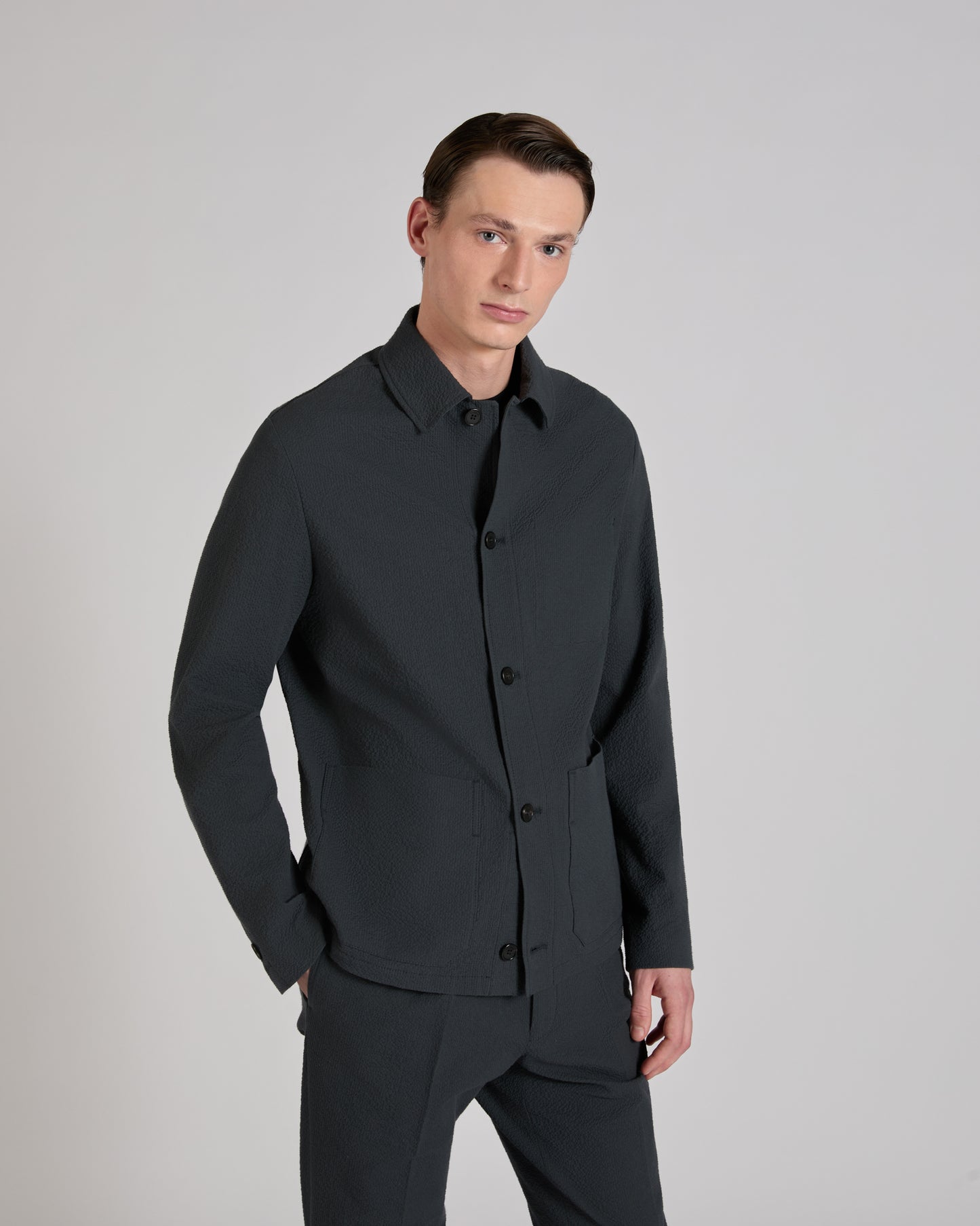 Stretch cotton and silk seersucker blouson jacket