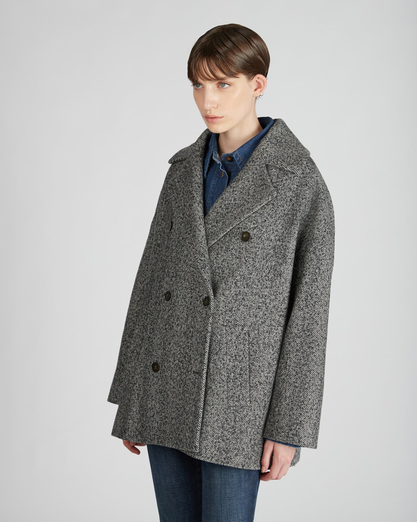 ウールヘリンボーン・ワイドフィットピーコート