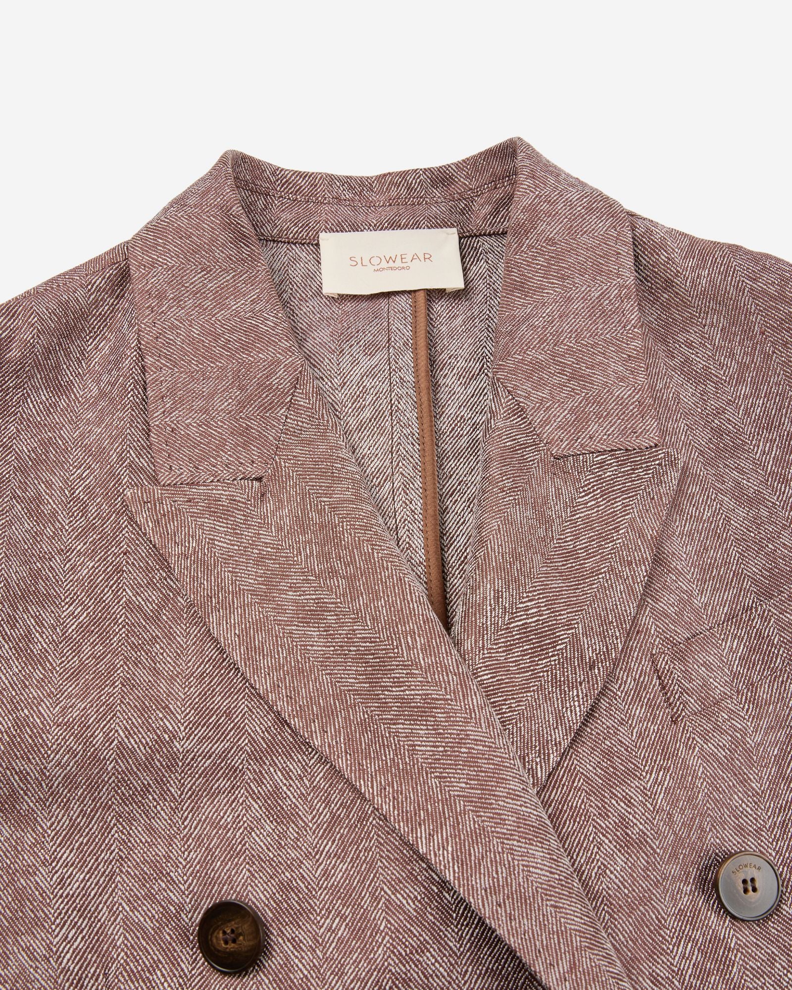 Montedoro - Double-breasted jacket in linen and viscose herringbone - havana