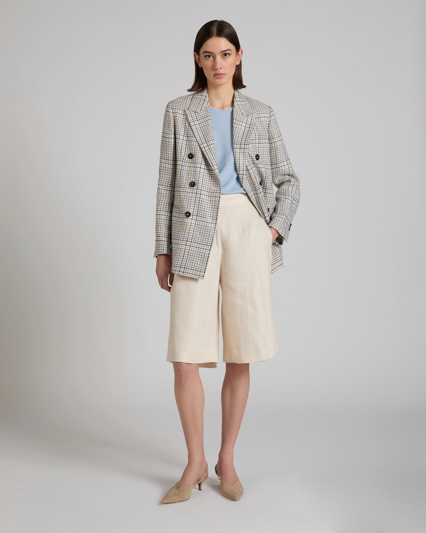 Double-breasted Prince of Wales linen jacket