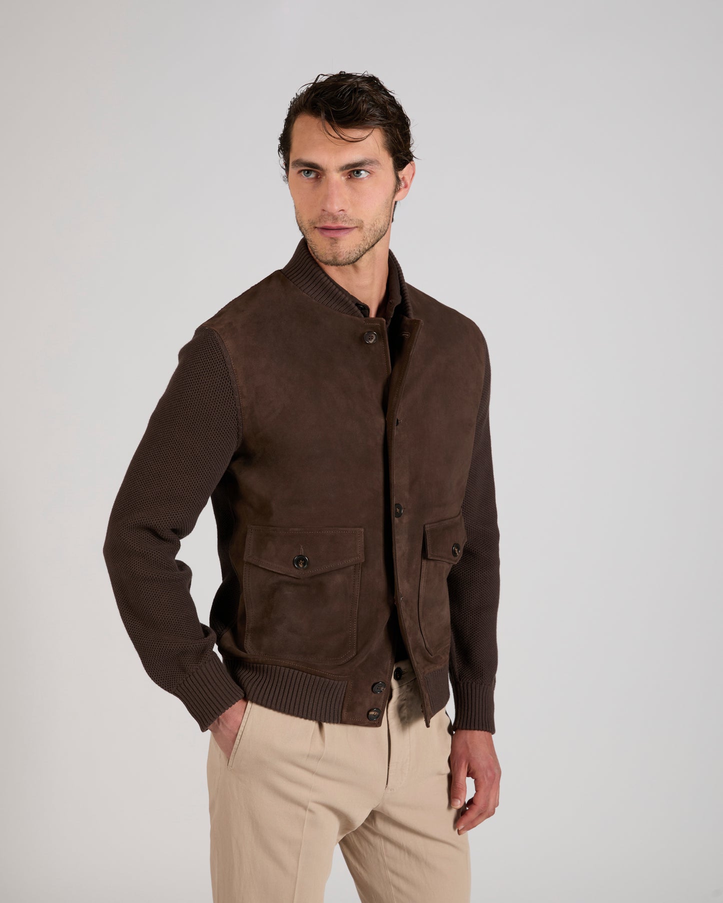 Slim fit suede and cotton bomber jacket