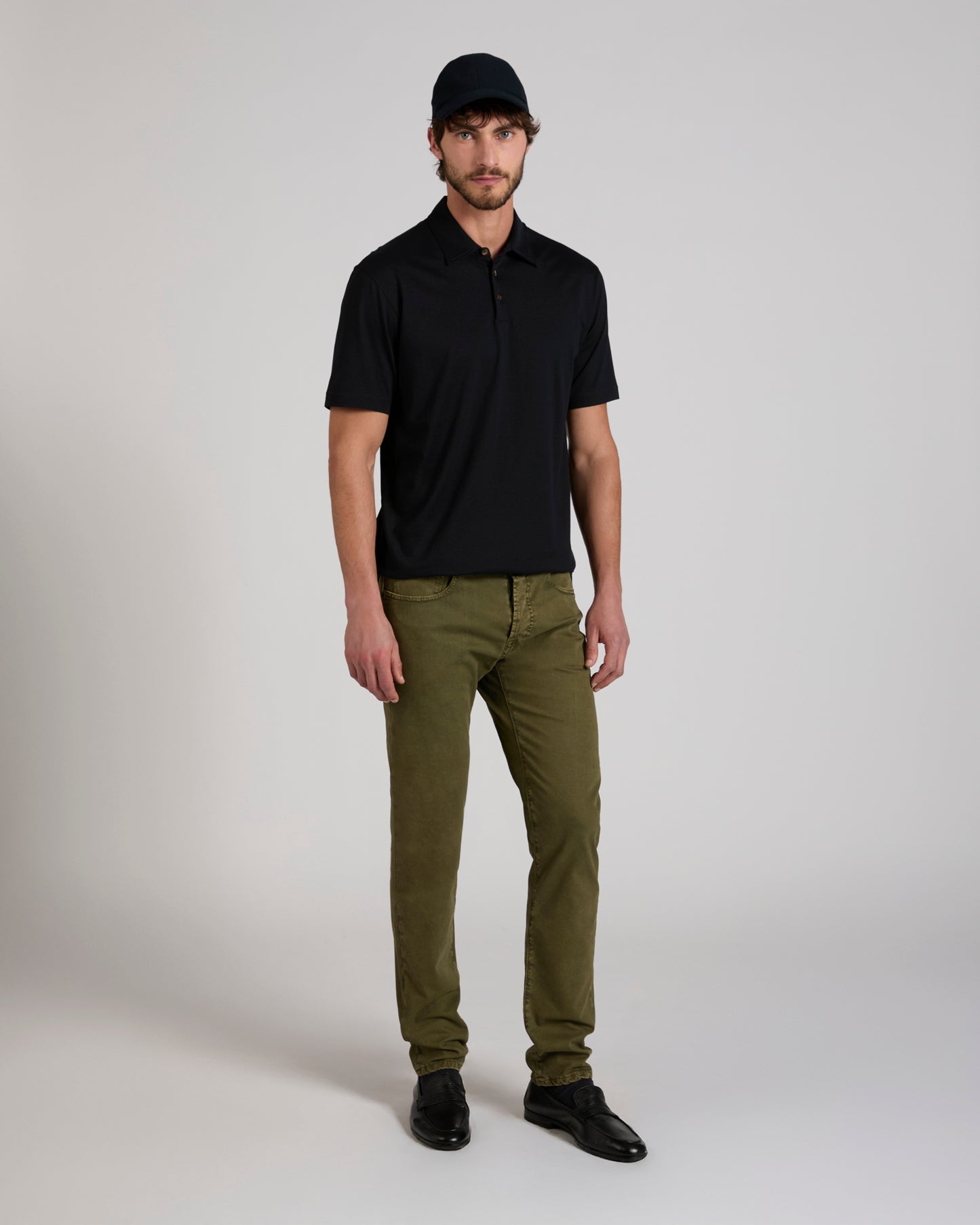 Slim fit stretch cotton tricot five-pocket trousers