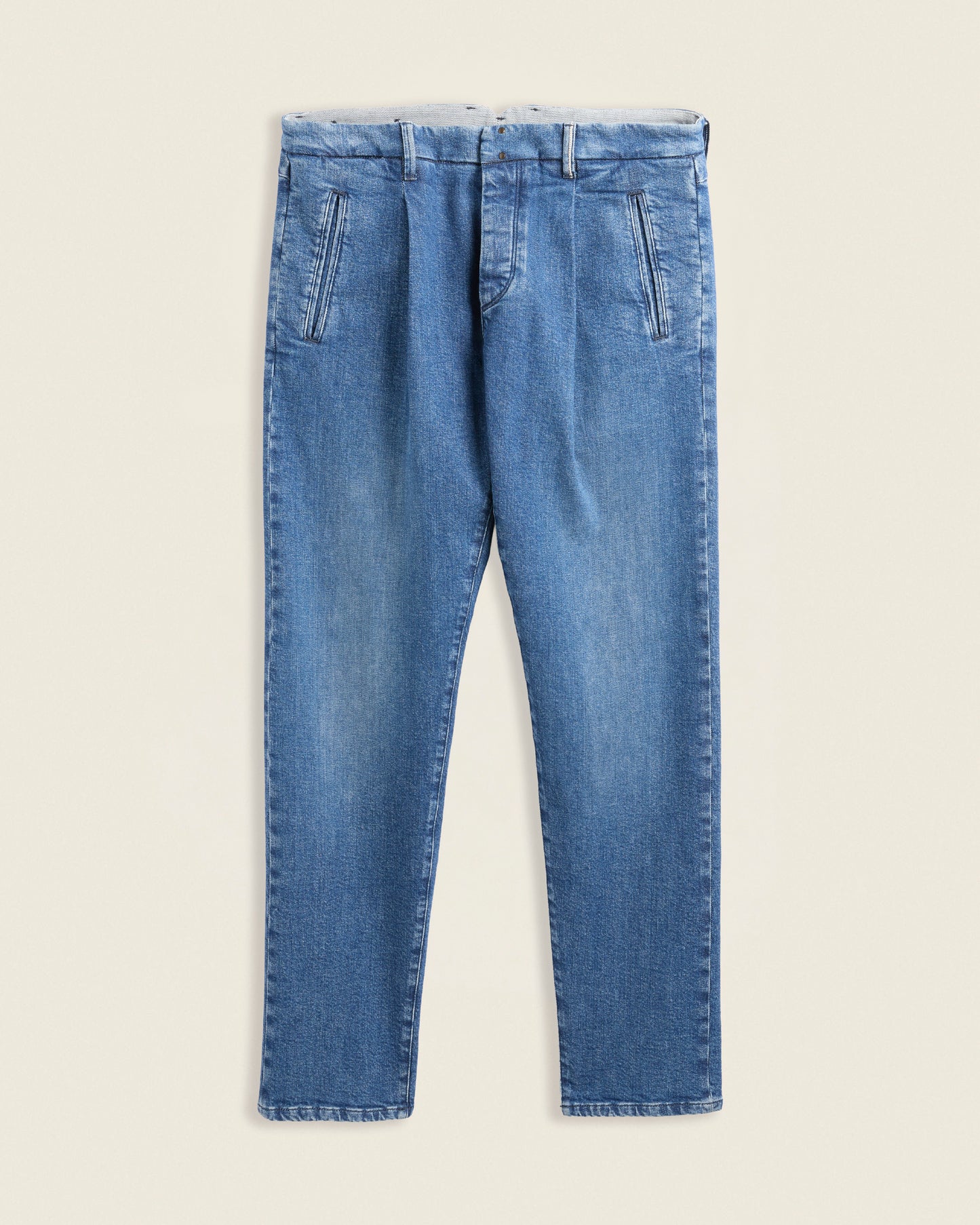 Tapered fit stretch denim trousers
