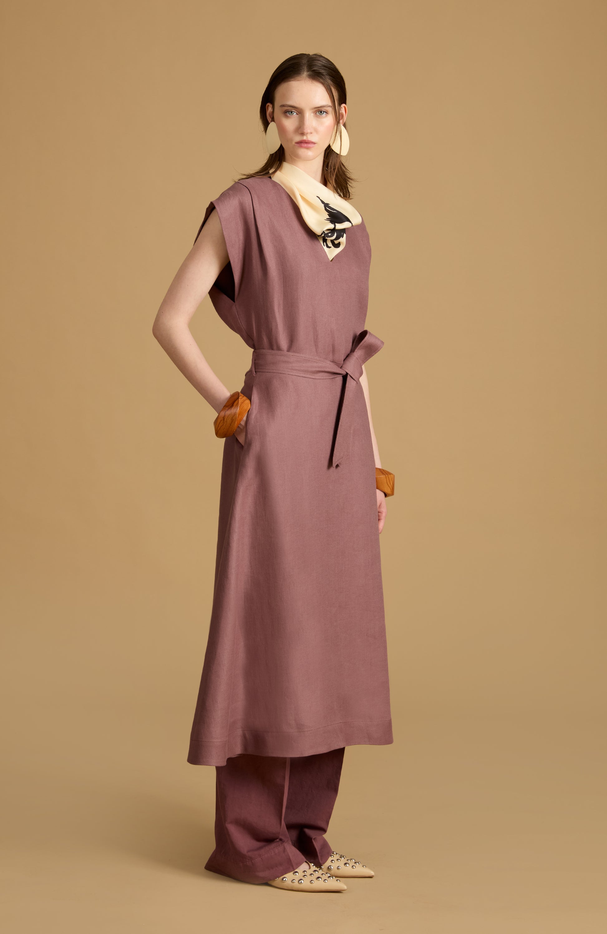 mauve linen dress Deep V Neck Wrap Dress - 3/4 Balloon Sleeves Dress - Linen Dress With Belt and Pocket - Midi Length Lavender Linen Dress - ANNA Wrap Dress