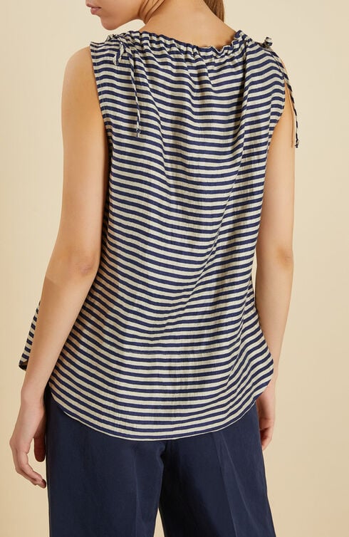Sleeveless blouse with boat neckline in striped linen blend , Slowear Glanshirt | Slowear