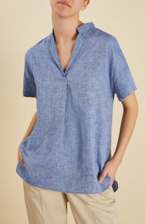 Short sleeve shirt with mandarin collar in linen , Slowear Glanshirt | Slowear