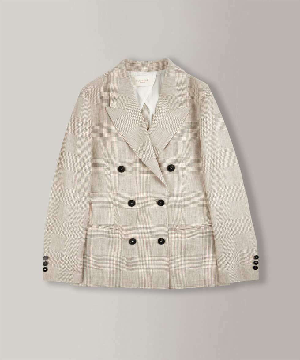 Zweireihige Regular Fit-Jacke aus Prince-of-Wales-Leinen-Mischung , Montedoro | Slowear